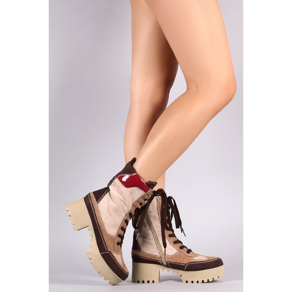 Last Size 8 🖤Camel Panel Lace-Up Lug Flatf Comb - Picture 3 of 8